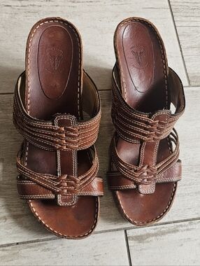 Frye Brown Leather Slide Sandals with Braided Straps 10M